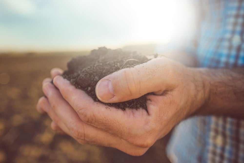 Farmer holding soil embracing sustainability